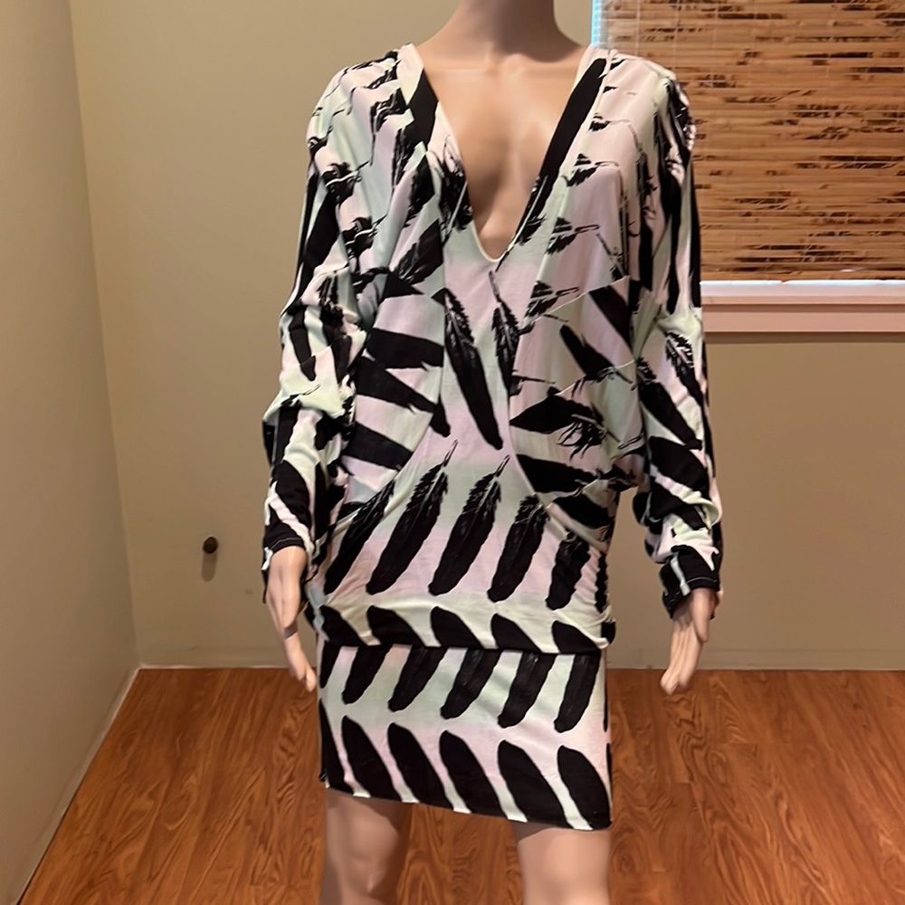 Buddha St. Punk Black Green White Feather Print Blouson Dress Size 1 or L